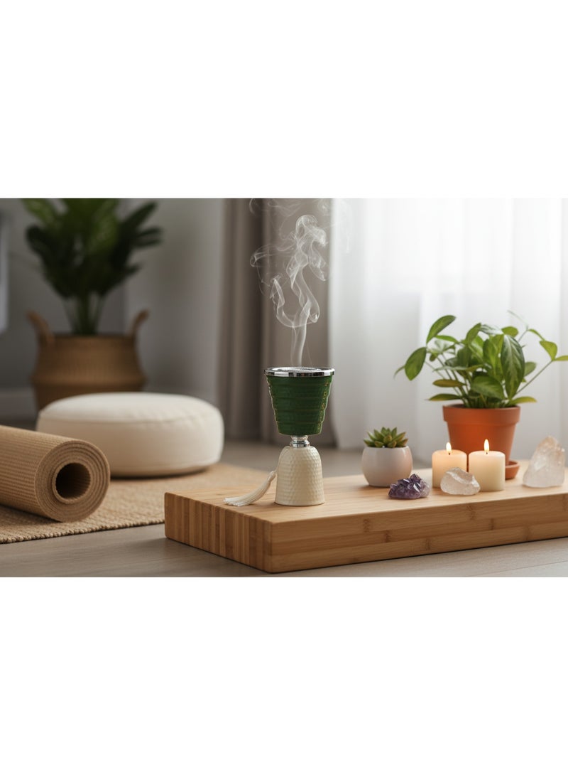 AKDC Metal Incense Burner 11cm*21.5cm, Ivory/Green - Image 3